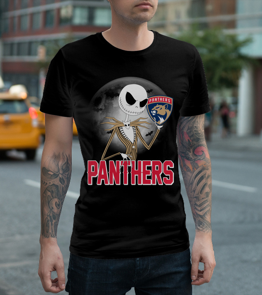 Jack Skellington Holding Florida Panthers Logo Halloween Moon Background T-Shirt