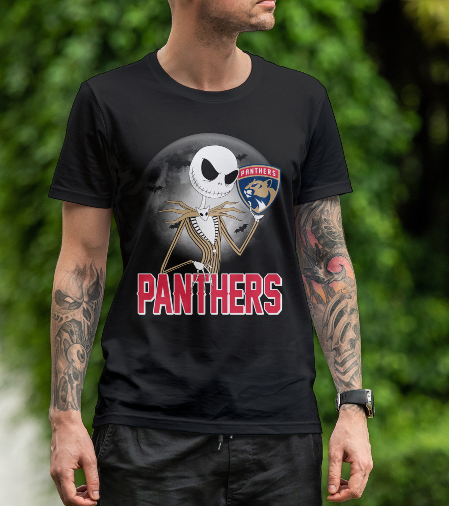Jack Skellington Holding Florida Panthers Logo Halloween Moon Background T-Shirt
