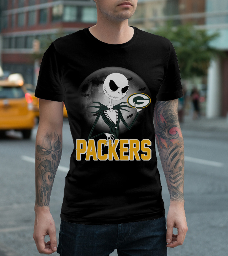 Jack Skellington Green Bay Packers Halloween Moon Bats T-Shirt