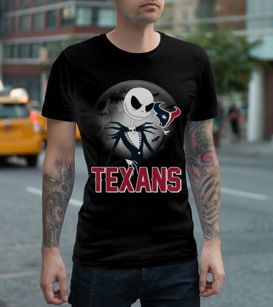 Jack Skellington Holding Houston Texans Logo With Moon And Bats T-Shirt