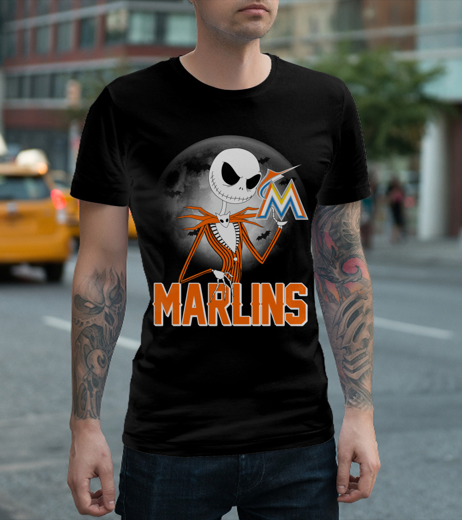 Jack Skellington Miami Marlins Halloween Moon Bat T-Shirt
