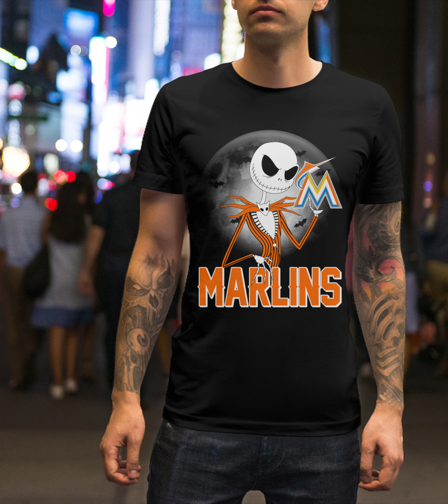 Jack Skellington Miami Marlins Halloween Moon Bat T-Shirt