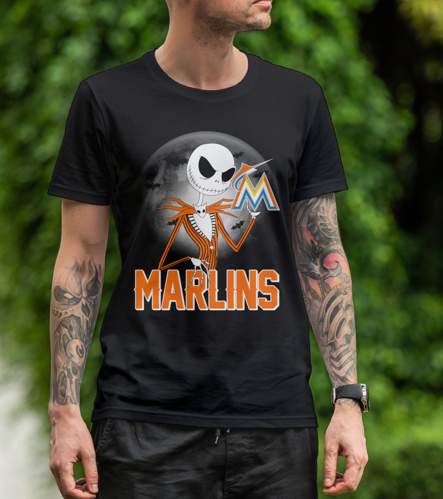 Jack Skellington Miami Marlins Halloween Moon Bat T-Shirt