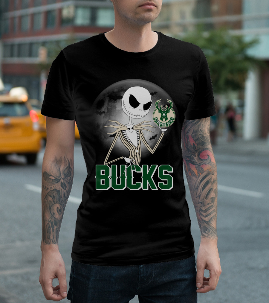 Jack Skellington Halloween Milwaukee Bucks Moon Bats T-Shirt