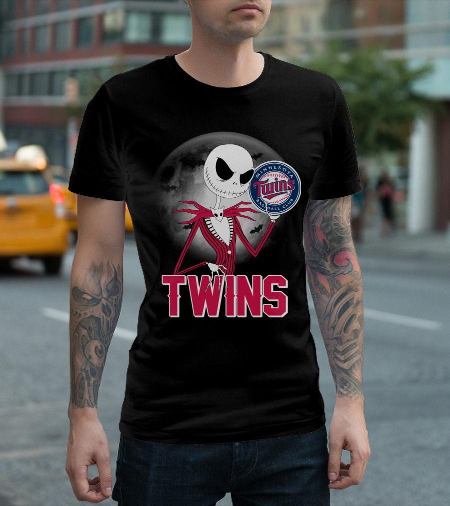Jack Skellington Halloween Holding Minnesota Twins Baseball Club Logo with Full Moon and Bats in Background T-Shirt