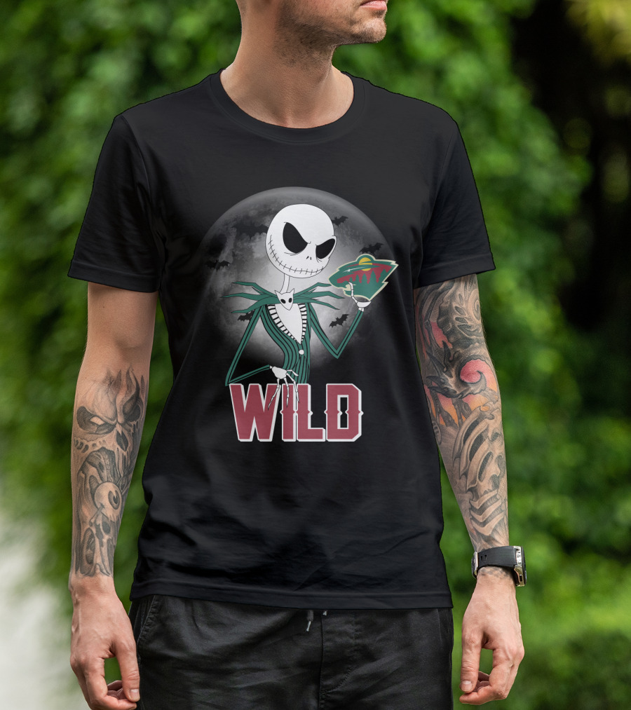 Jack Skellington Halloween Moon And Minnesota Wild Logo Spooky T-Shirt