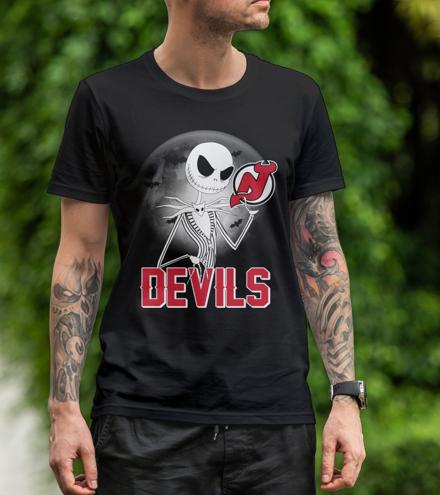 Jack Skellington Halloween Meets New Jersey Devils Moonlit Night T-Shirt