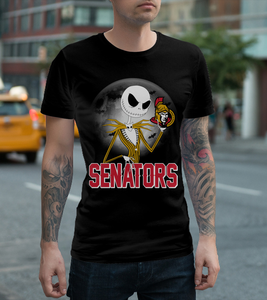 Jack Skellington Ottawa Senators Halloween Crossover with Moon and Bats Background T-Shirt