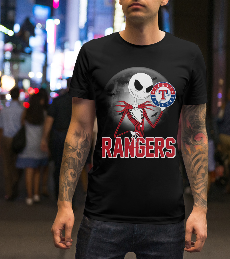 Jack Skellington Halloween Texas Rangers Baseball Moon T-Shirt
