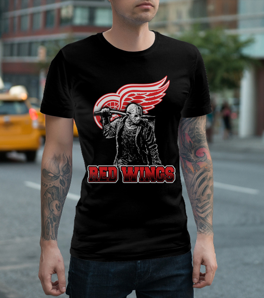 Jason Voorhees With Hockey Mask And Machete In Front Of Detroit Red Wings Logo Text Red Wings T-Shirt