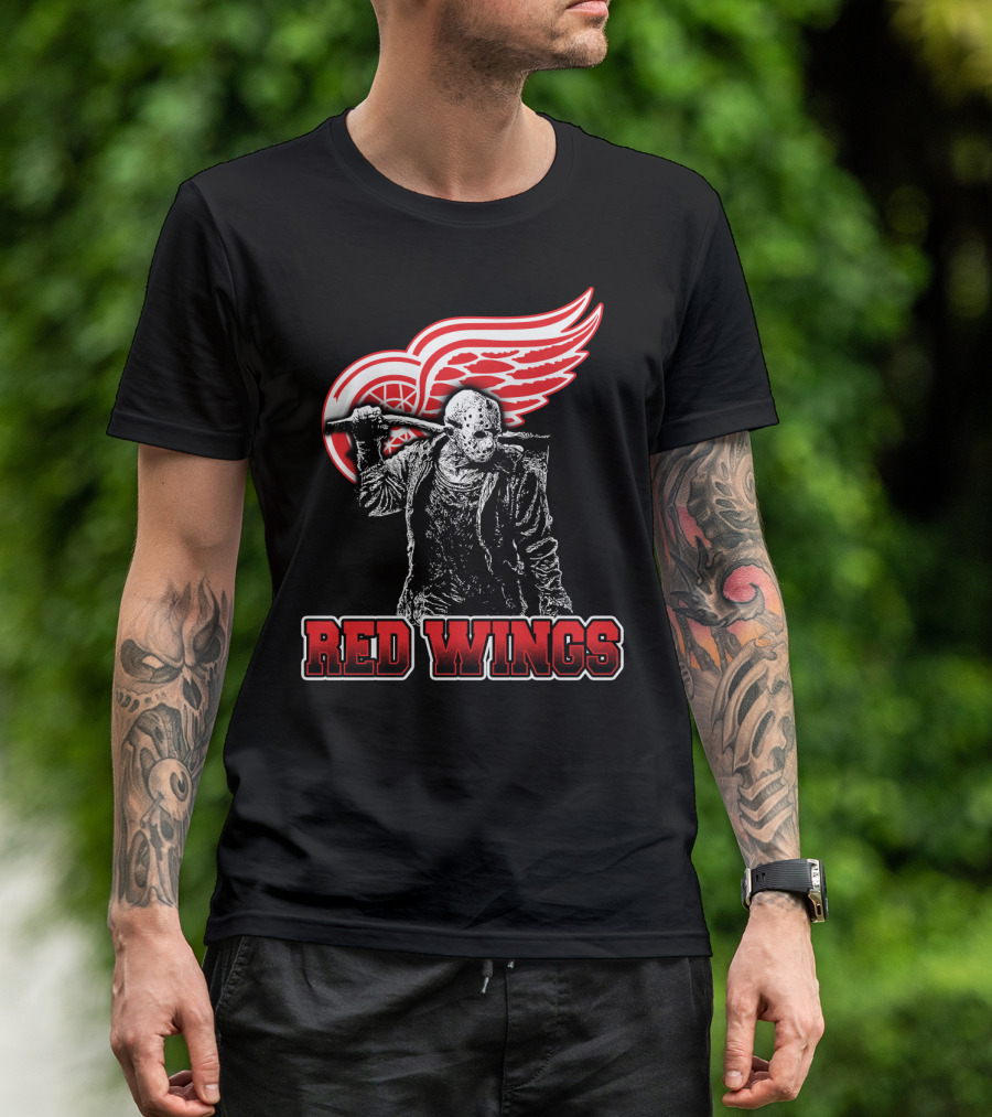 Jason Voorhees With Hockey Mask And Machete In Front Of Detroit Red Wings Logo Text Red Wings T-Shirt