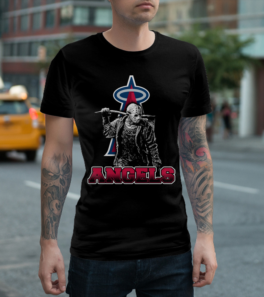 Jason Voorhees with Baseball Bat and Los Angeles Angels Logo Featuring Bold Angels Text T-Shirt