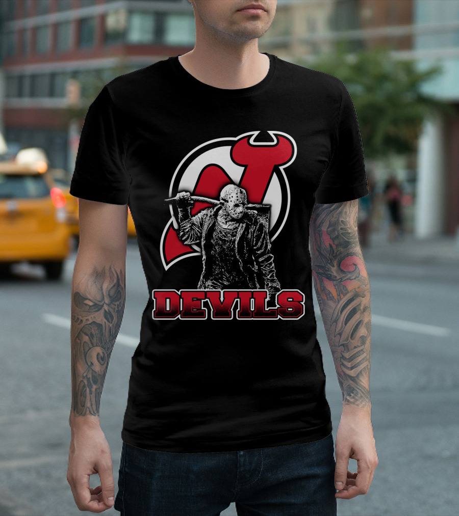 Voorhees New Jersey Devils Fan Mashup with Iconic Mask and Hockey T-Shirt