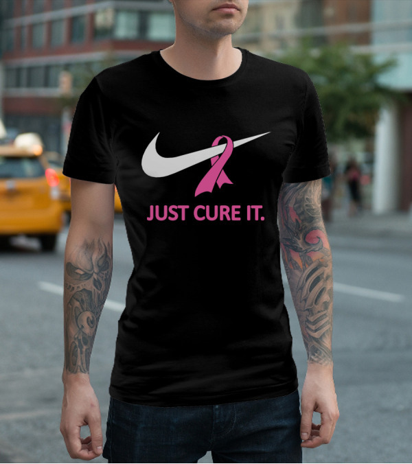 Just Cure It Pink Ribbon Breast Cancer Awareness Swoosh T-Shirt