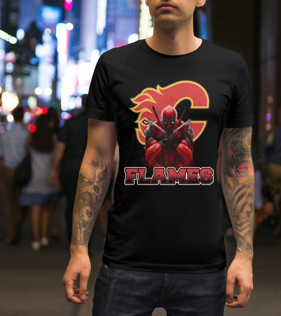 Deadpool Calgary Flames Crossover Fan Tribute T-Shirt