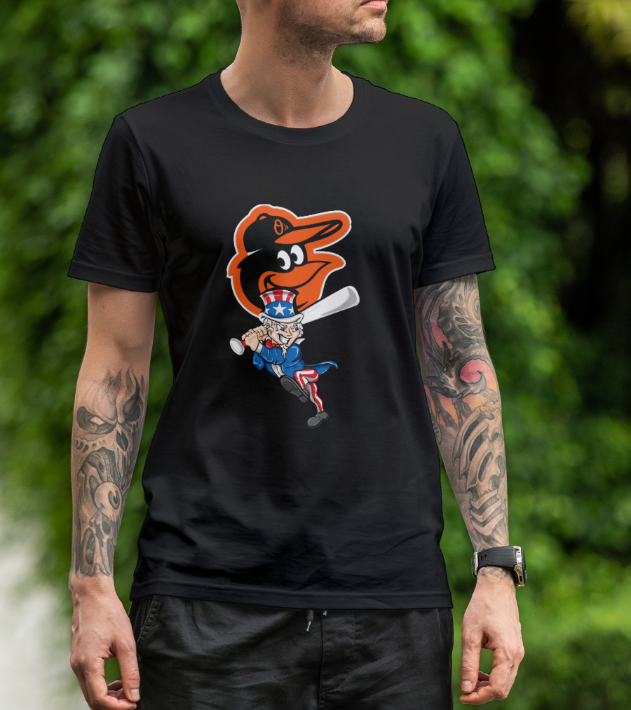 Uncle Sam Swinging Baseball Bat With Baltimore Orioles Logo For 4Th Of July Celebration T-Shirt