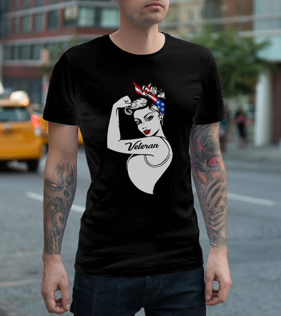 Veteran Strong Woman With Patriotic Headband Rosie The Riveter Style T-Shirt