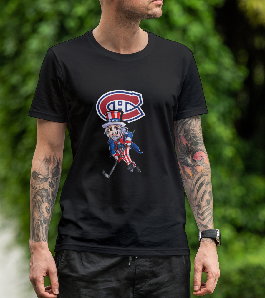 Uncle Sam Playing Hockey With Montreal Canadiens Logo For 4Th Of July Celebration T-Shirt