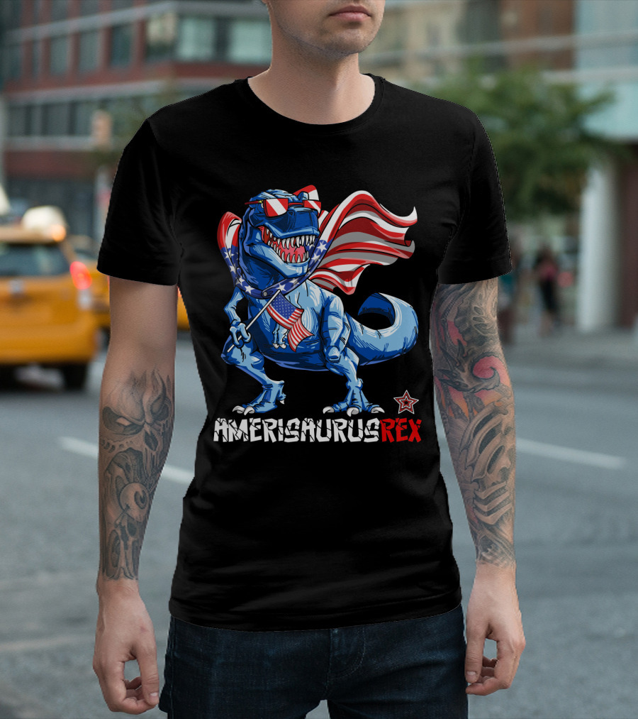 Amerisaurus Rex Dinosaur With Usa Flag And Star Sunglasses For Patriotic 4Th Of July T-Shirt