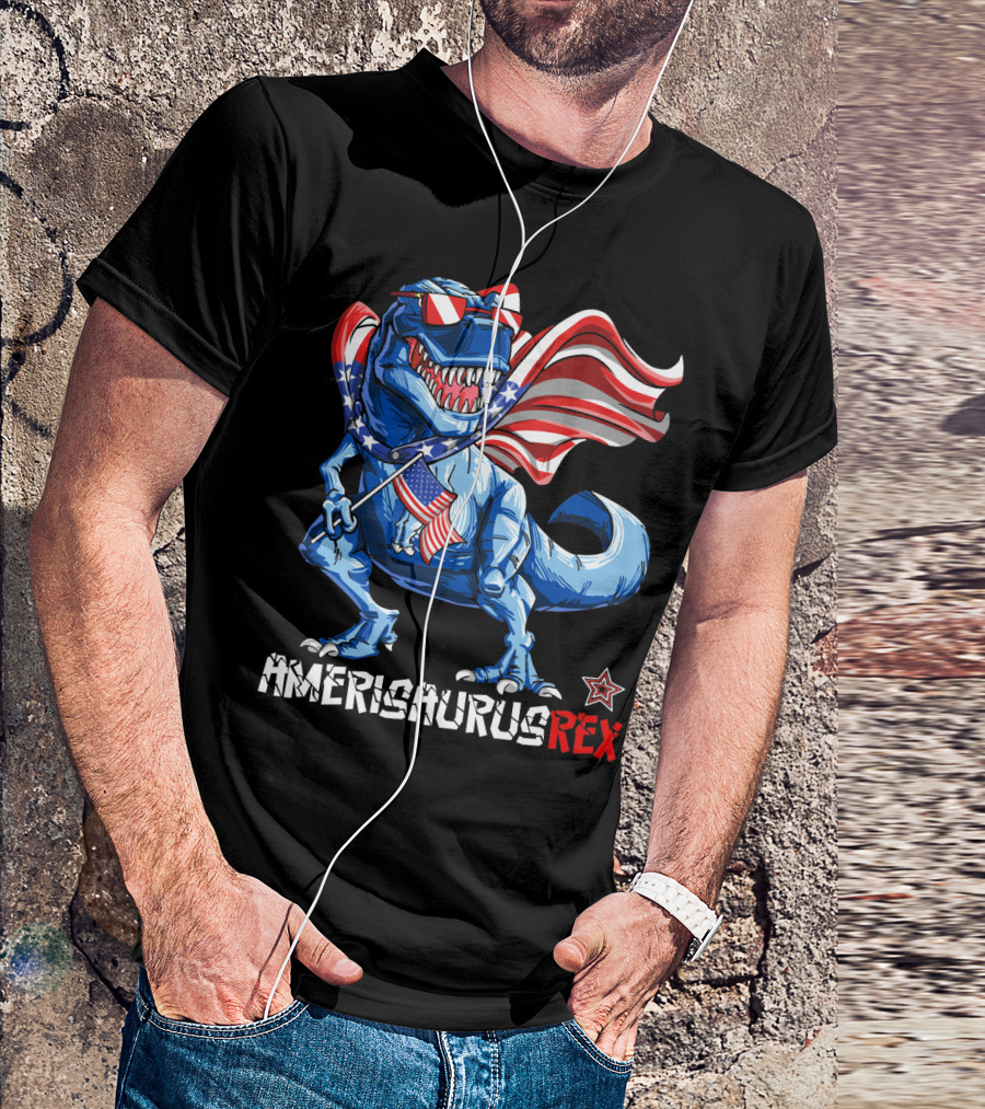 Amerisaurus Rex Dinosaur With Usa Flag And Star Sunglasses For Patriotic 4Th Of July T-Shirt