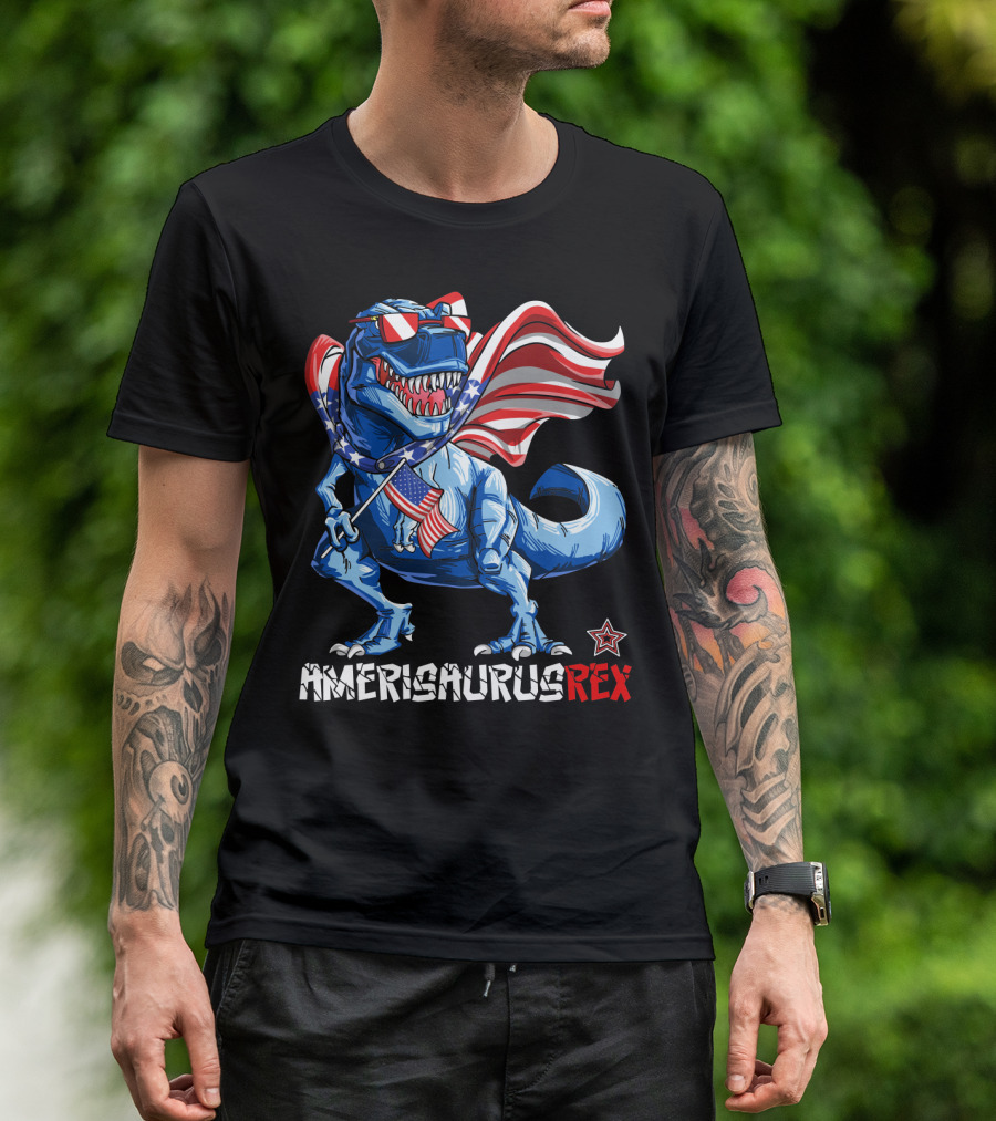 Amerisaurus Rex Dinosaur With Usa Flag And Star Sunglasses For Patriotic 4Th Of July T-Shirt
