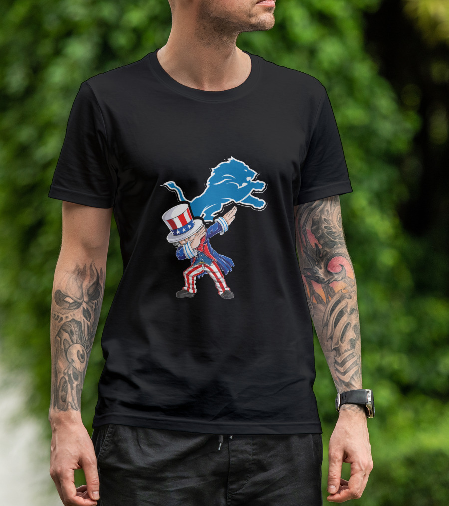 Uncle Sam Dabbing With Detroit Lions Logo For 4th Of July Fans T-Shirt