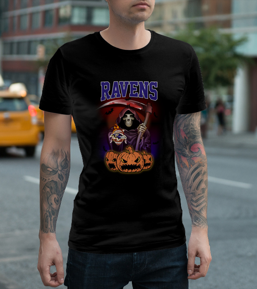Ravens Reaper With Scythe And Pumpkins Halloween Baltimore Ravens T-Shirt