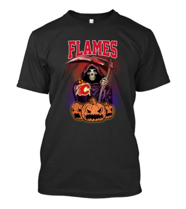 Flames Calgary Reaper With Scythe And Halloween Pumpkins T-Shirt