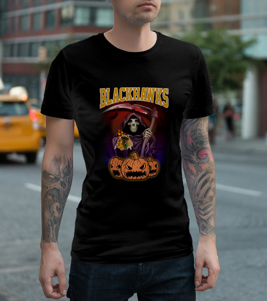 Blackhawks Reaper with Scythe and Pumpkins Halloween T-Shirt