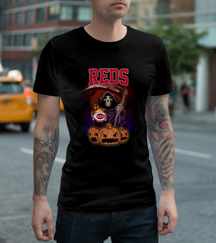 Cincinnati Reds Reaper with Scythe and Pumpkins Halloween T-Shirt