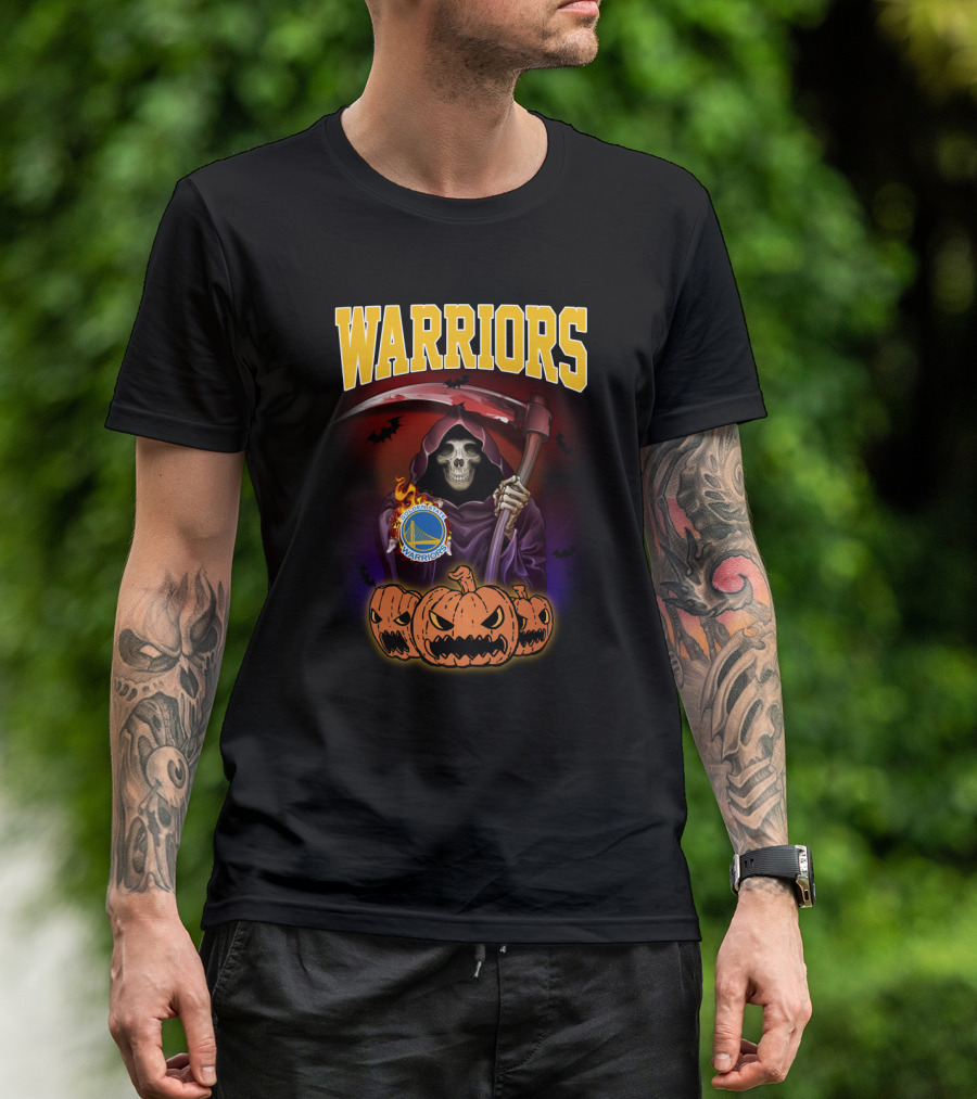 Warriors Grim Reaper Halloween With Golden State Warriors Logo And Pumpkins T-Shirt