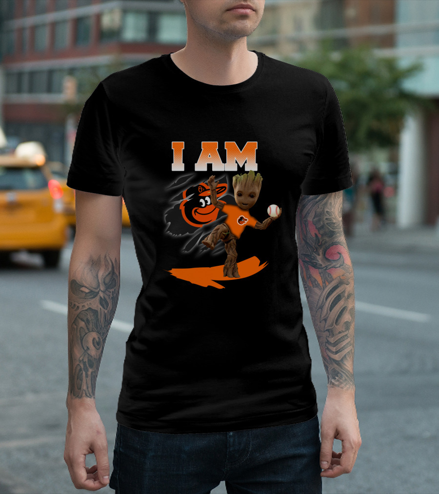 I Am Baltimore Orioles Groot With Baseball And Mascot T-Shirt