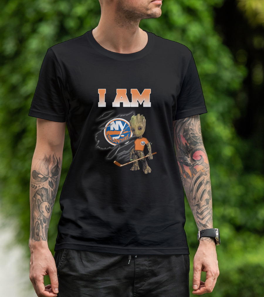I Am New York Islanders Groot Fan With Hockey Stick T-Shirt