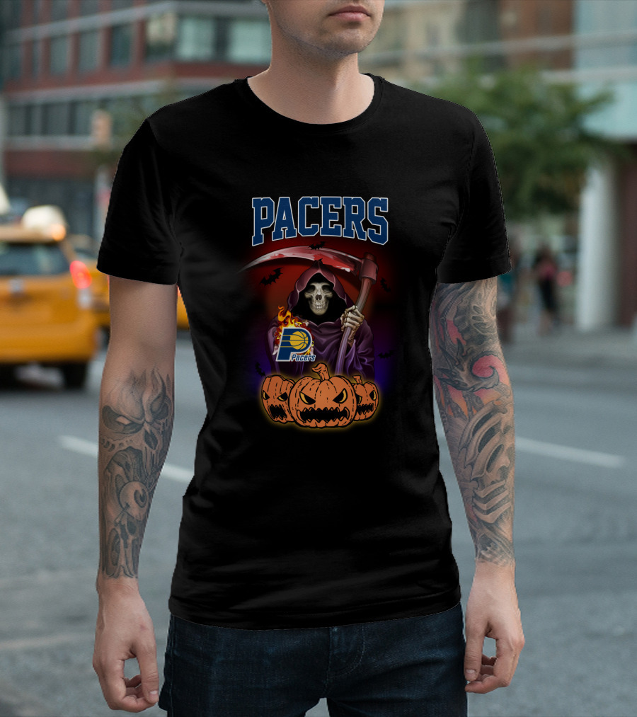 Pacers Grim Reaper Halloween Skull Indiana Pacers Logo Pumpkins T-Shirt