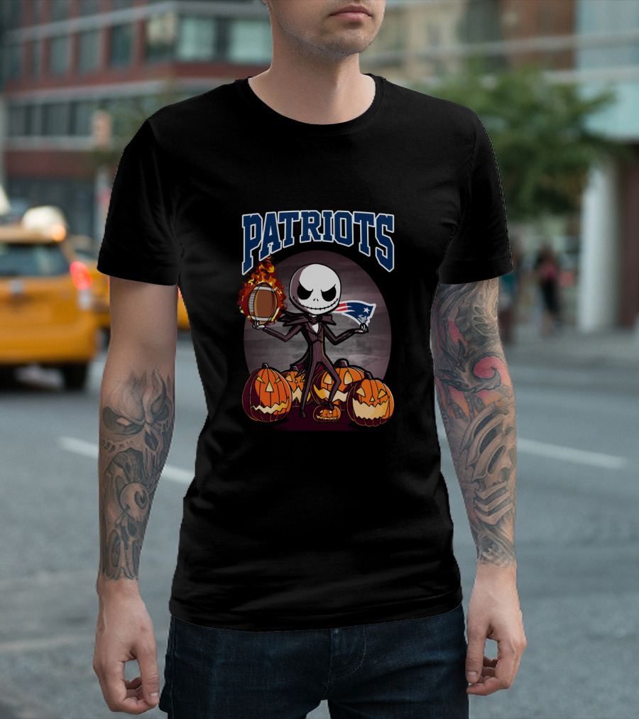 Patriots Halloween Jack Skeleton Holding Football Surrounded by Pumpkins T-Shirt