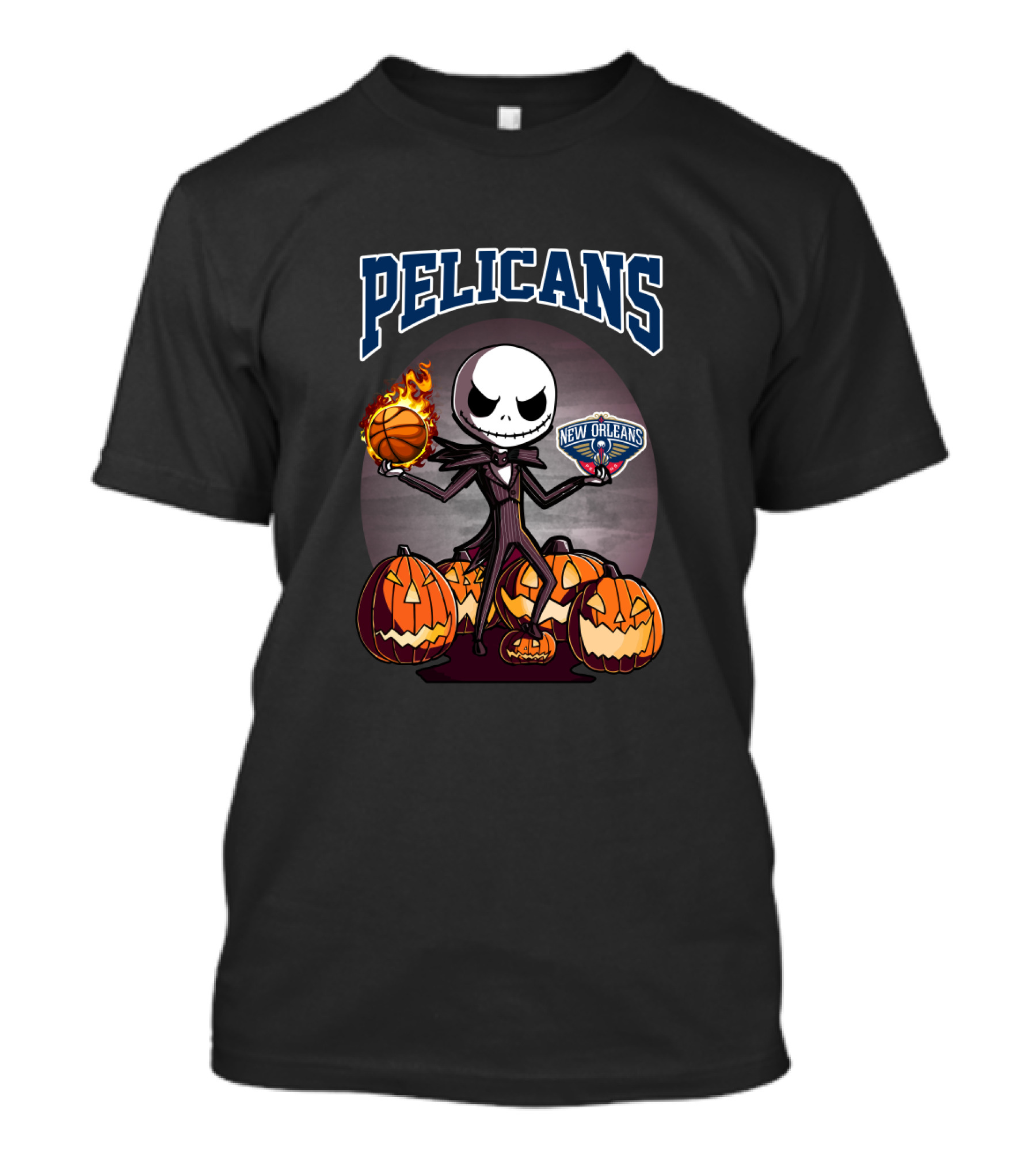 Halloween Jack Skellington With New Orleans Pelicans Logo Surrounded By Pumpkins T-Shirt
