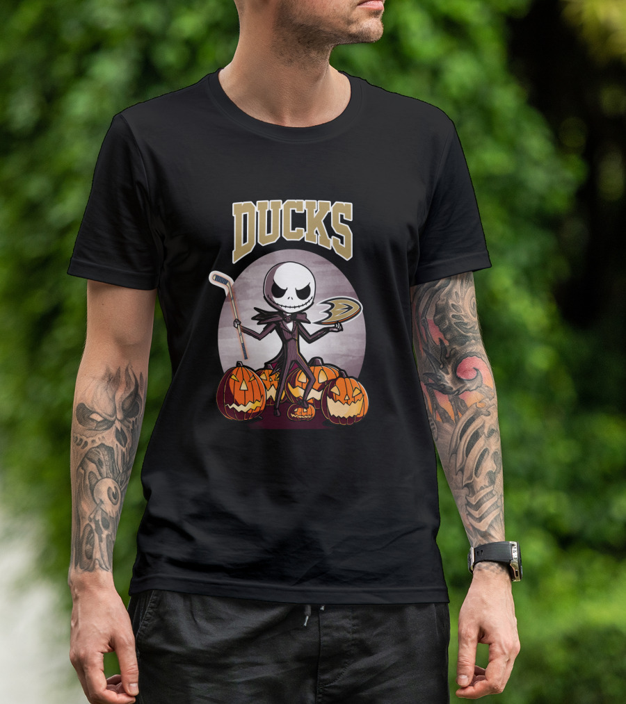 Jack Skellington Halloween Anaheim Ducks Hockey Pumpkins T-Shirt
