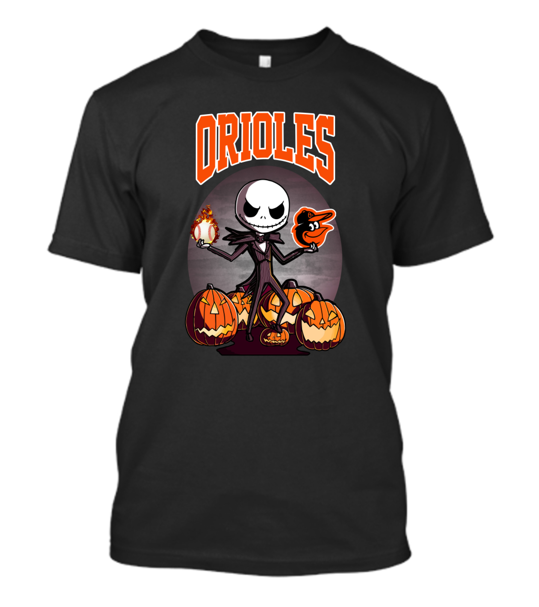Orioles Halloween Jack Skellington Holding Flaming Baseball And Baltimore Orioles Logo Amidst Jack-O'-Lanterns T-Shirt