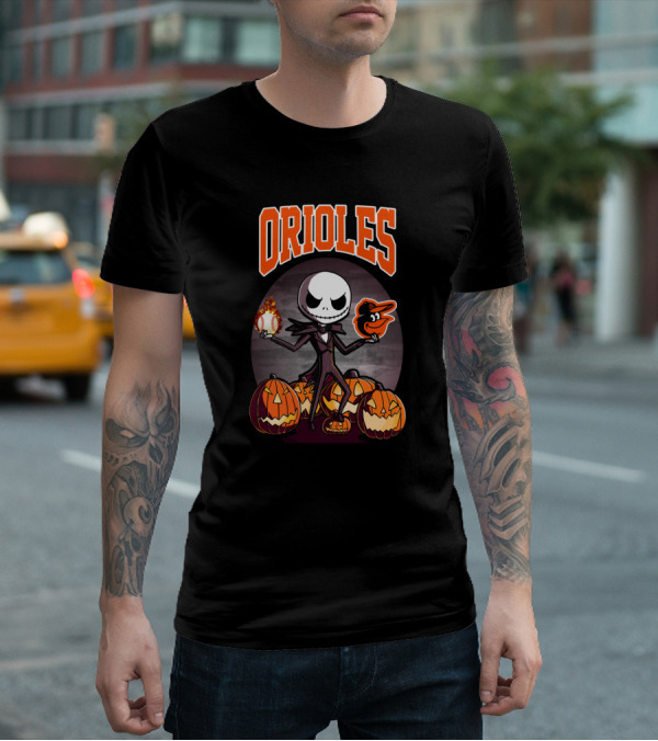 Orioles Halloween Jack Skellington Holding Flaming Baseball And Baltimore Orioles Logo Amidst Jack-O'-Lanterns T-Shirt