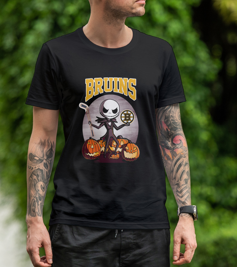 Bruins Jack Skellington Halloween With Boston Hockey Pumpkins T-Shirt