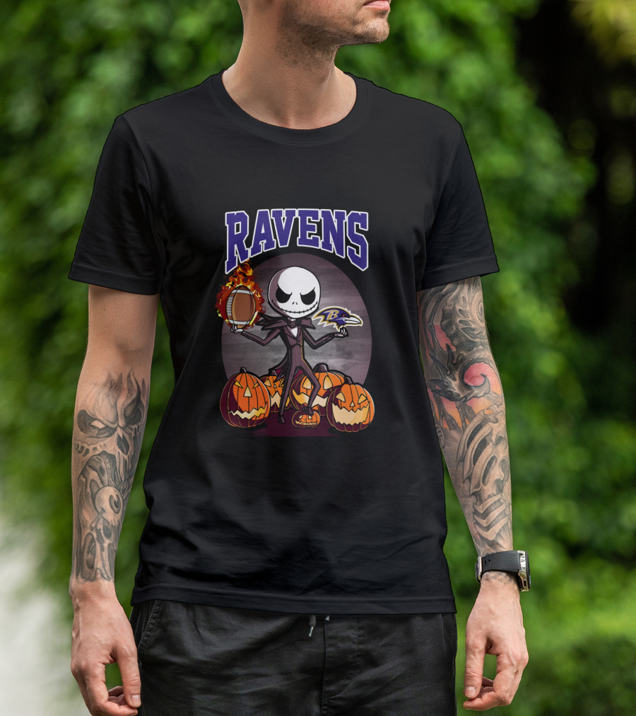 Jack Skellington Halloween Baltimore Ravens Pumpkin Football Ravens T-Shirt
