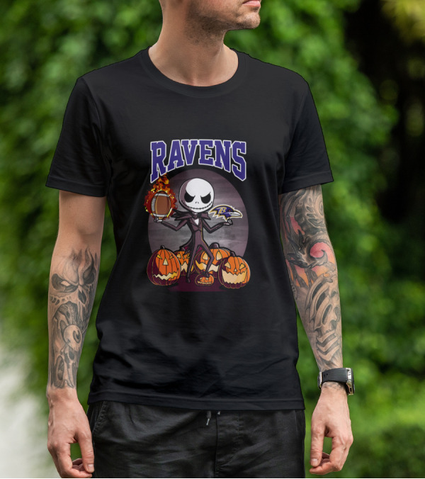 Jack Skellington Halloween Baltimore Ravens Pumpkin Football Ravens T-Shirt