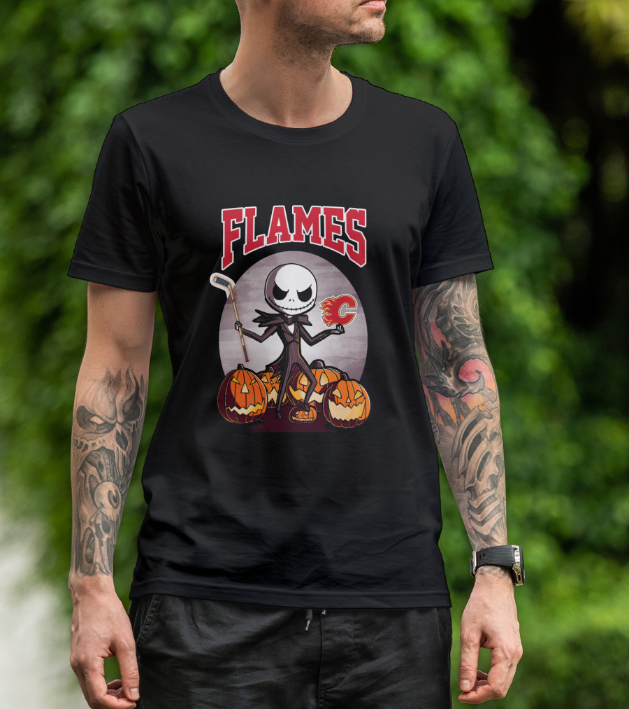 Calgary Flames Jack Skellington Halloween Hockey Pumpkins T-Shirt