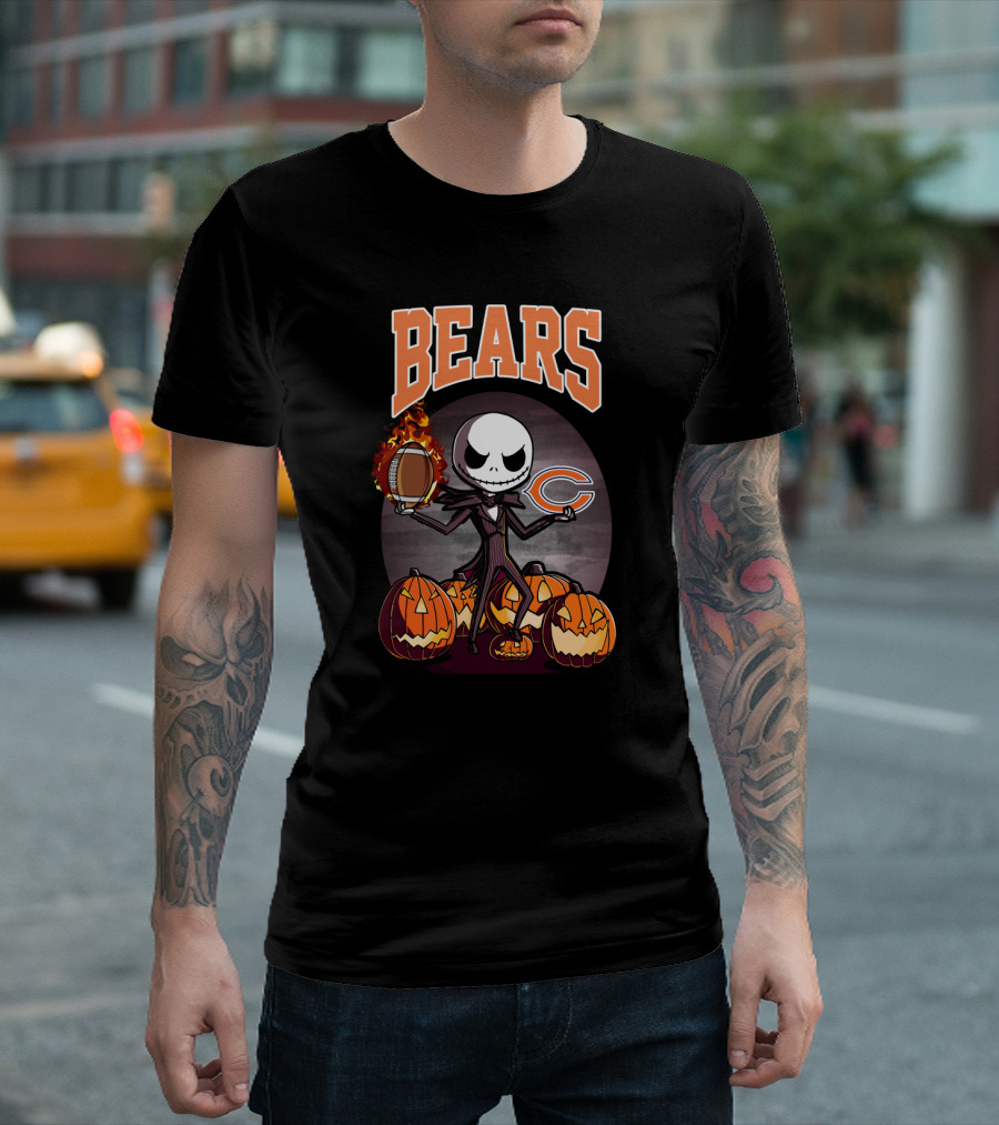 Bears Jack Skellington Halloween Chicago Football Theme with Pumpkins T-Shirt
