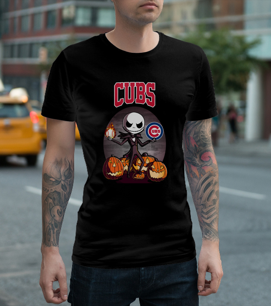 Cubs Jack Skellington Halloween Pumpkin Flame Baseball T-Shirt
