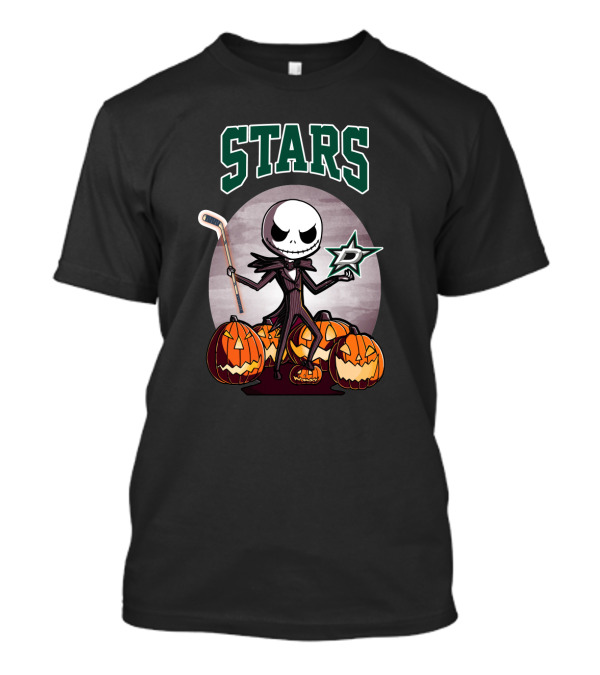 Dallas Stars Halloween Jack Skellington With Hockey Stick And Pumpkins T-Shirt