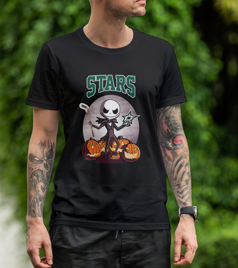 Dallas Stars Halloween Jack Skellington With Hockey Stick And Pumpkins T-Shirt
