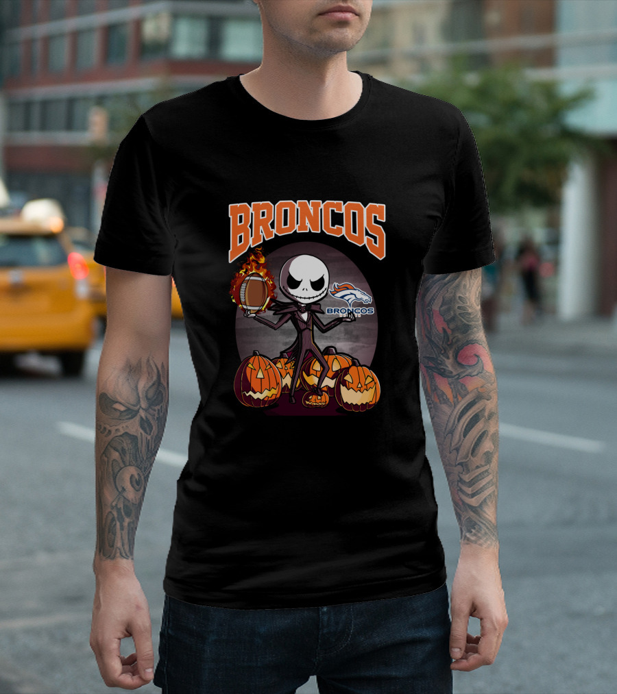 Broncos Jack Skellington Halloween Football Pumpkins T-Shirt