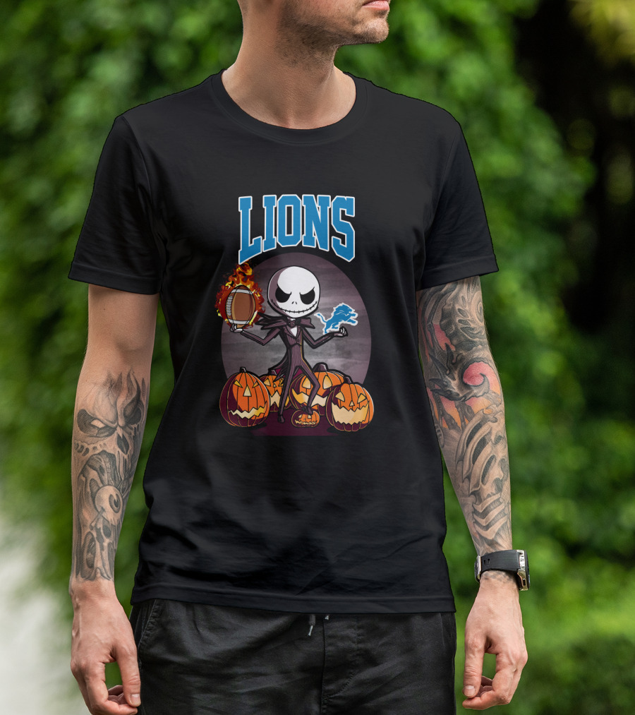 Jack Skellington Detroit Lions Halloween Football With Pumpkins T-Shirt