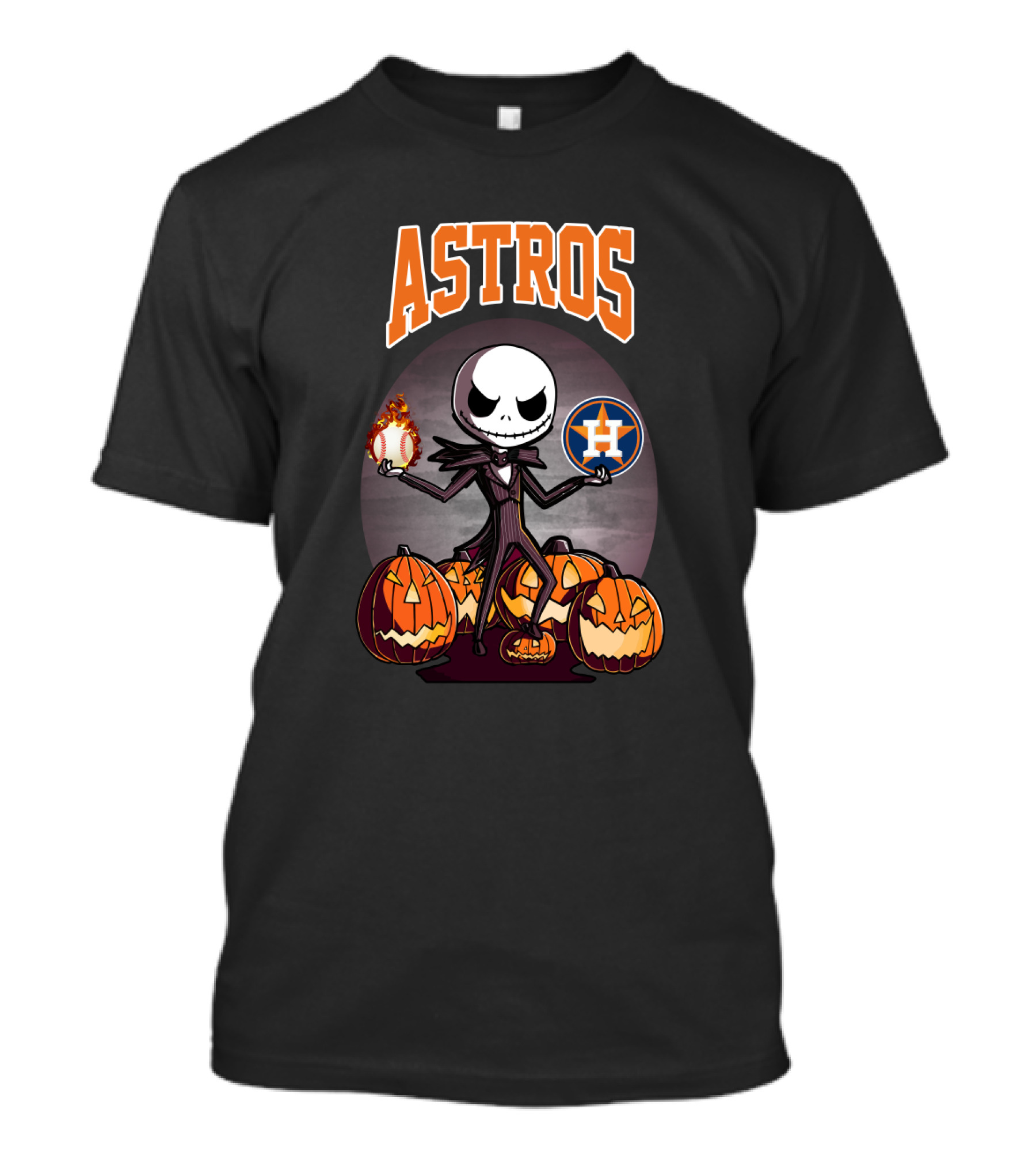 Jack Skellington Holding Houston Astros Baseball Surrounded By Pumpkins T-Shirt
